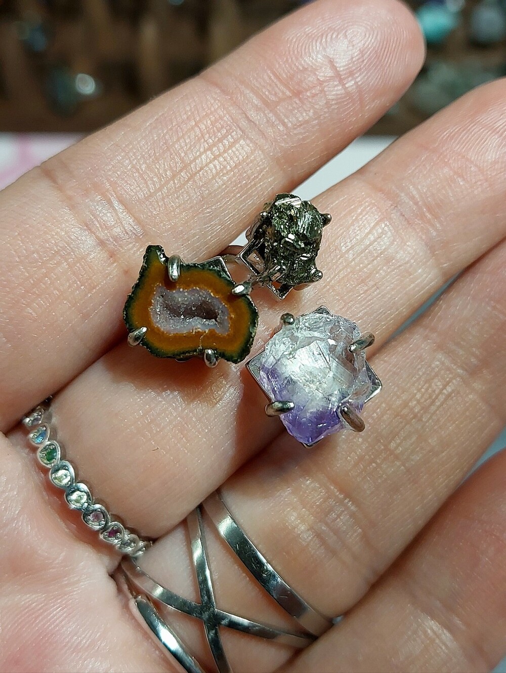 🪨⚒️ Tabasco Geode, Amethysy & Pyrite Raw Specimen Copper Ring Trio